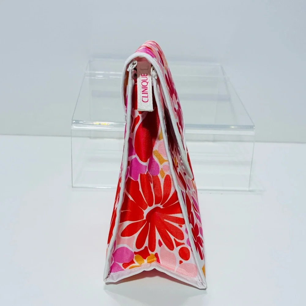 Clinique Floral Cosmetic Bag Pink Red Orange 3”D x 8”W x 6.5”H